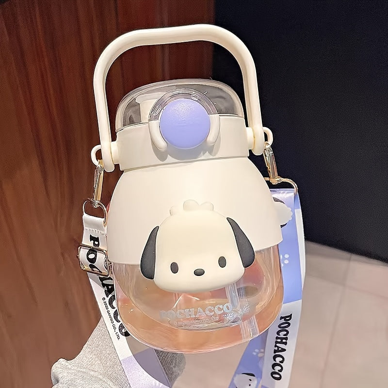 Large 35.5oz Sanrio water bottle featuring Kuromi & Melody designs. Leakproof with straw, portable for travel & fitness. Made of Tritan material, hand-wash only.