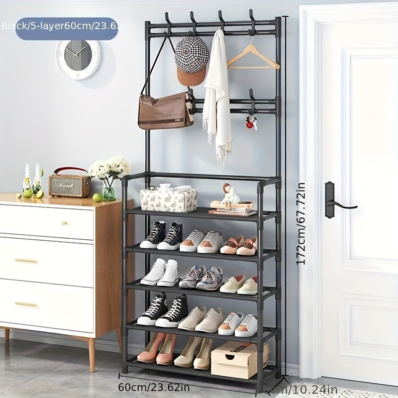 Metal storage rack with varnished finish, free-standing coat hanger, sturdy organizer for bedroom and entryway in black or white.