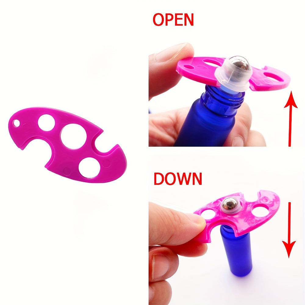 Durable tool for easy removal of essential oil bottle caps - colorful plastic opener with roller ball.