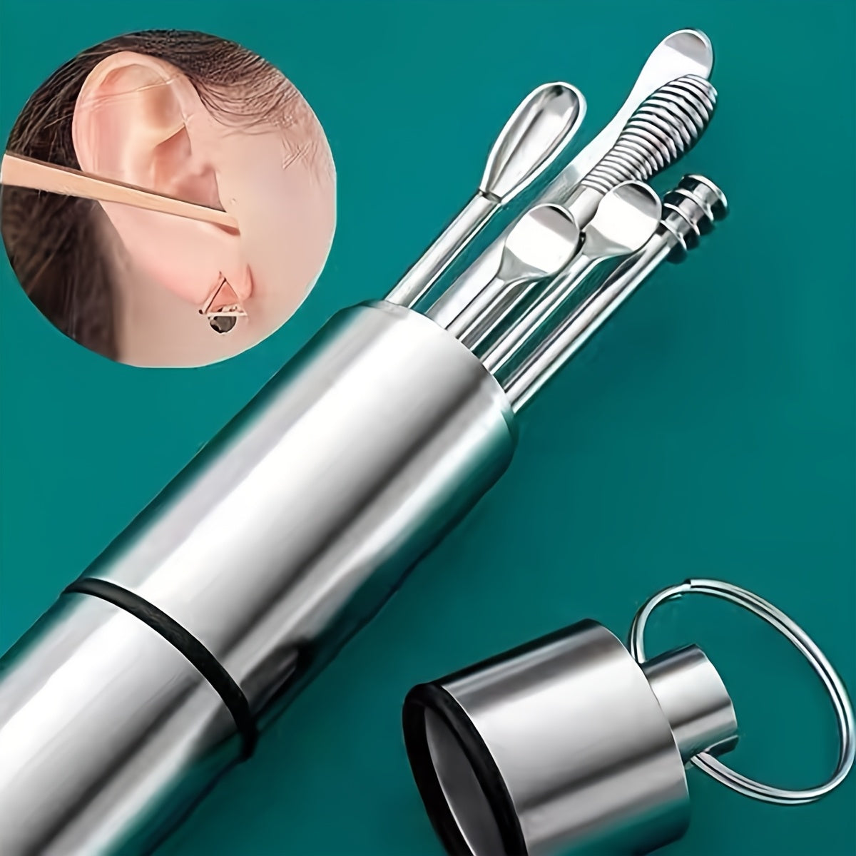 Durable stainless steel ear cleaning set with rotating cleaning stick and storage bag. Safe and convenient for home and travel use, makes a great holiday gift.