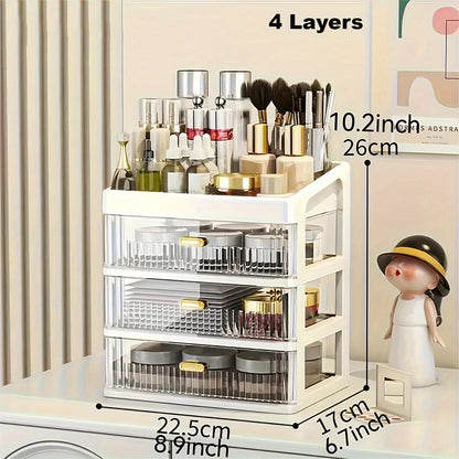 Large makeup organizer with drawer for vanity, dresser, bathroom, and countertop storing cosmetics, perfume, skincare, and toiletries.