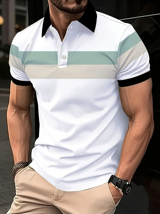 Men's Casual Block Color Polo Shirt made of polyester knit fabric, with lapel collar and button details for all-season wear.