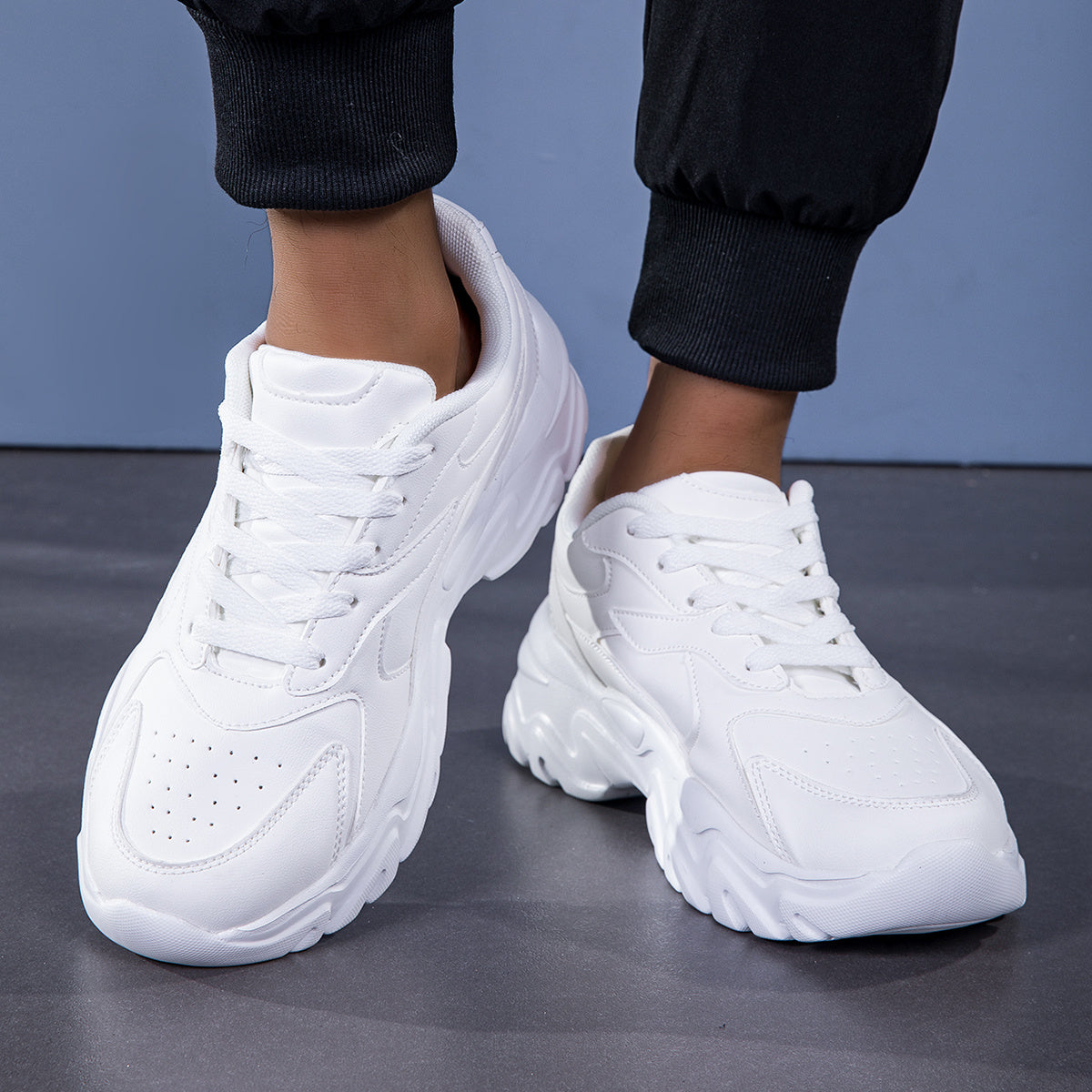 Men's White Chunky Sneakers with low top lace-up design, PU upper, fabric inner & insole, EVA sole for running and casual wear, cushioned and trendy, textured fabric shoes.