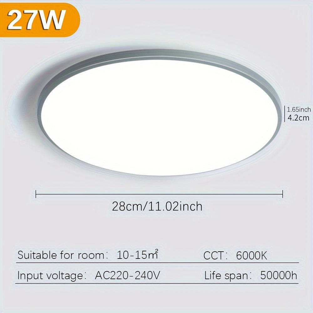 LED Ceiling Light available in 18W, 27W, and 36W sizes, modern design, suitable for bedroom, living room, bathroom, and balcony, comes in slim multicolor options.