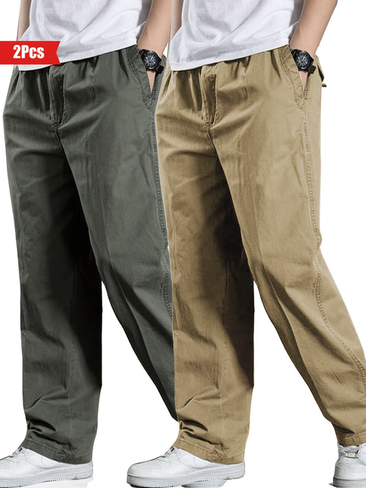 2 pure cotton casual pants for men, solid color, suitable for outdoor wear.