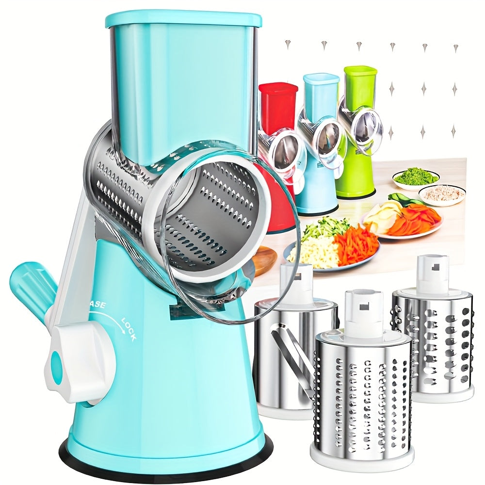 Three-in-One manual cheese and vegetable grater made of durable plastic with interchangeable shaving rollers, suitable for kitchen, camping, and RV use. Easy to use, rustproof, and easy to