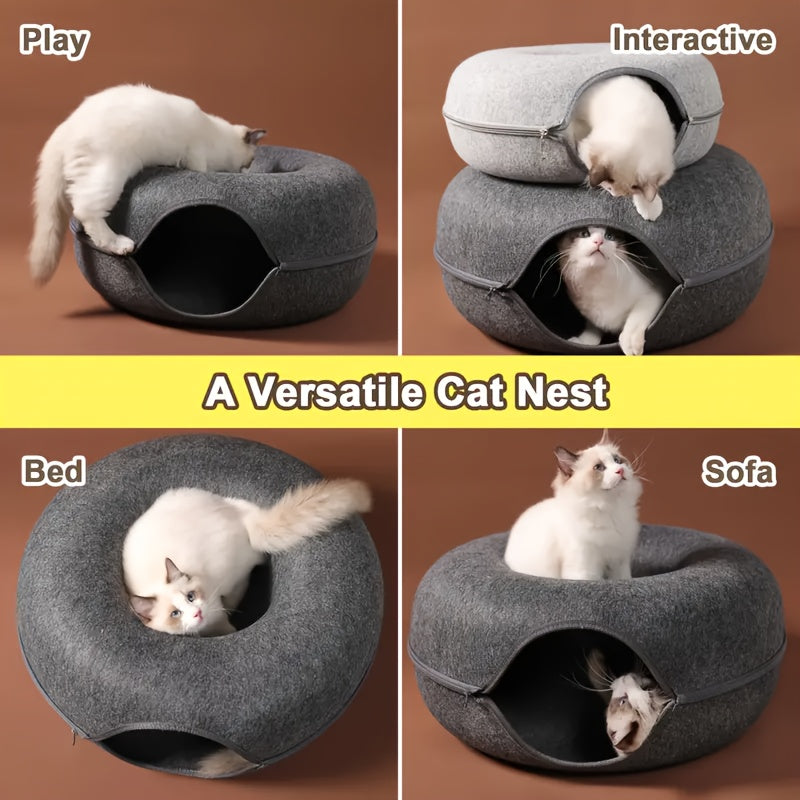 Donut-shaped cat bed with interactive felt tunnel, also serves as a canvas cat house for small to medium cats, ferrets, and rabbits, can be used as a play and training toy.