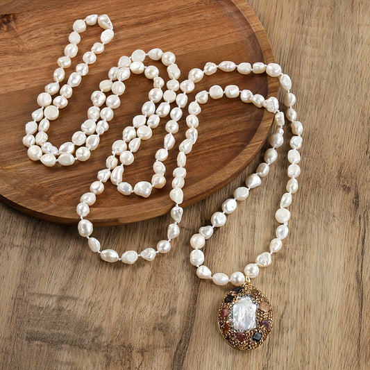 Embrace a Bohemian Vacation Vibe with our 150CM Natural Baroque Biwa Pearl Pendant Necklace featuring Freshwater Pearls. Perfect for August Birthdays, this piece is free of plating and perfect for daily wear or music festivals. It's the ideal accessory