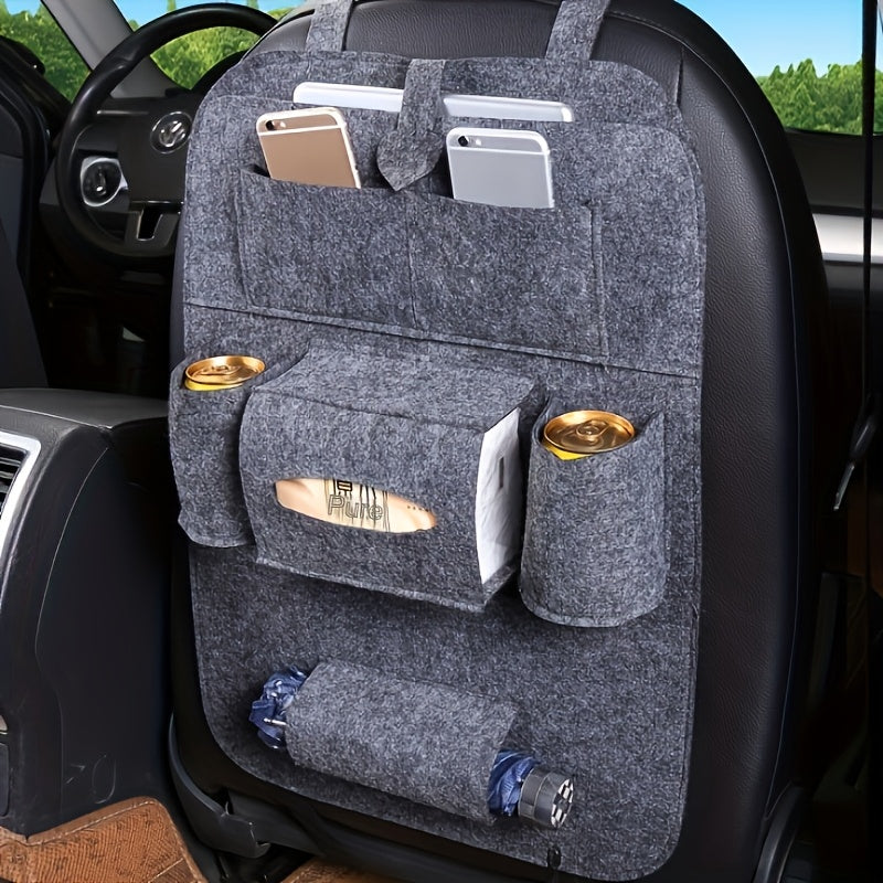 Multi-functional car seat back hanging storage bag for car interior.