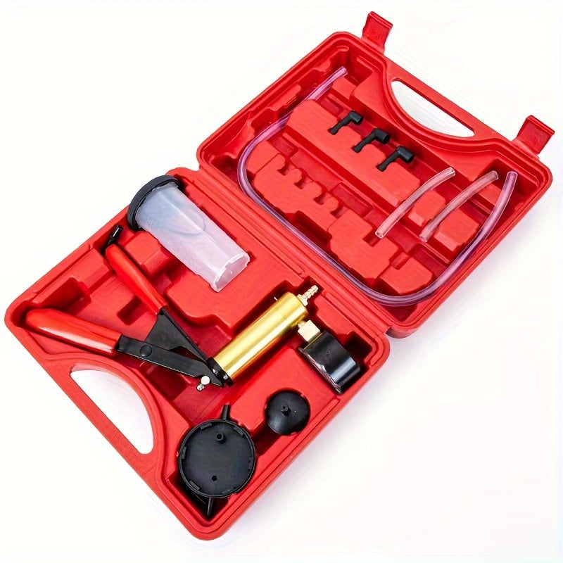 Manual Vacuum Pump Kit for brake bleeding and vacuum testing, uncharged power mode, universal fit, includes gauge and adapters - 1 set, without battery.