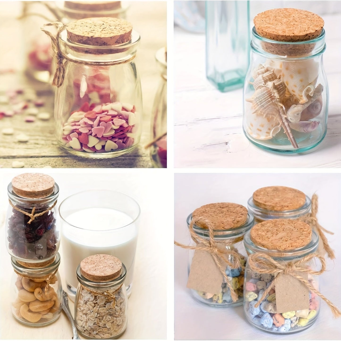 Set of 20 to 30 small glass jars with cork lids, 100ml capacity, perfect for storing yogurt, pudding, honey, and as wedding favors. Includes labels and twine for easy organization. Reusable and round containers.