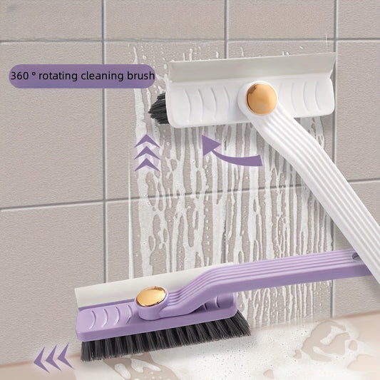 Multifunctional rotating gap brush suitable for 360° ceramic tile cleaning. This 4-in-1 bathroom floor scraper features a reusable plastic handle and is perfect for use in the living room, bedroom, bathroom, and kitchen. No power required for operation.