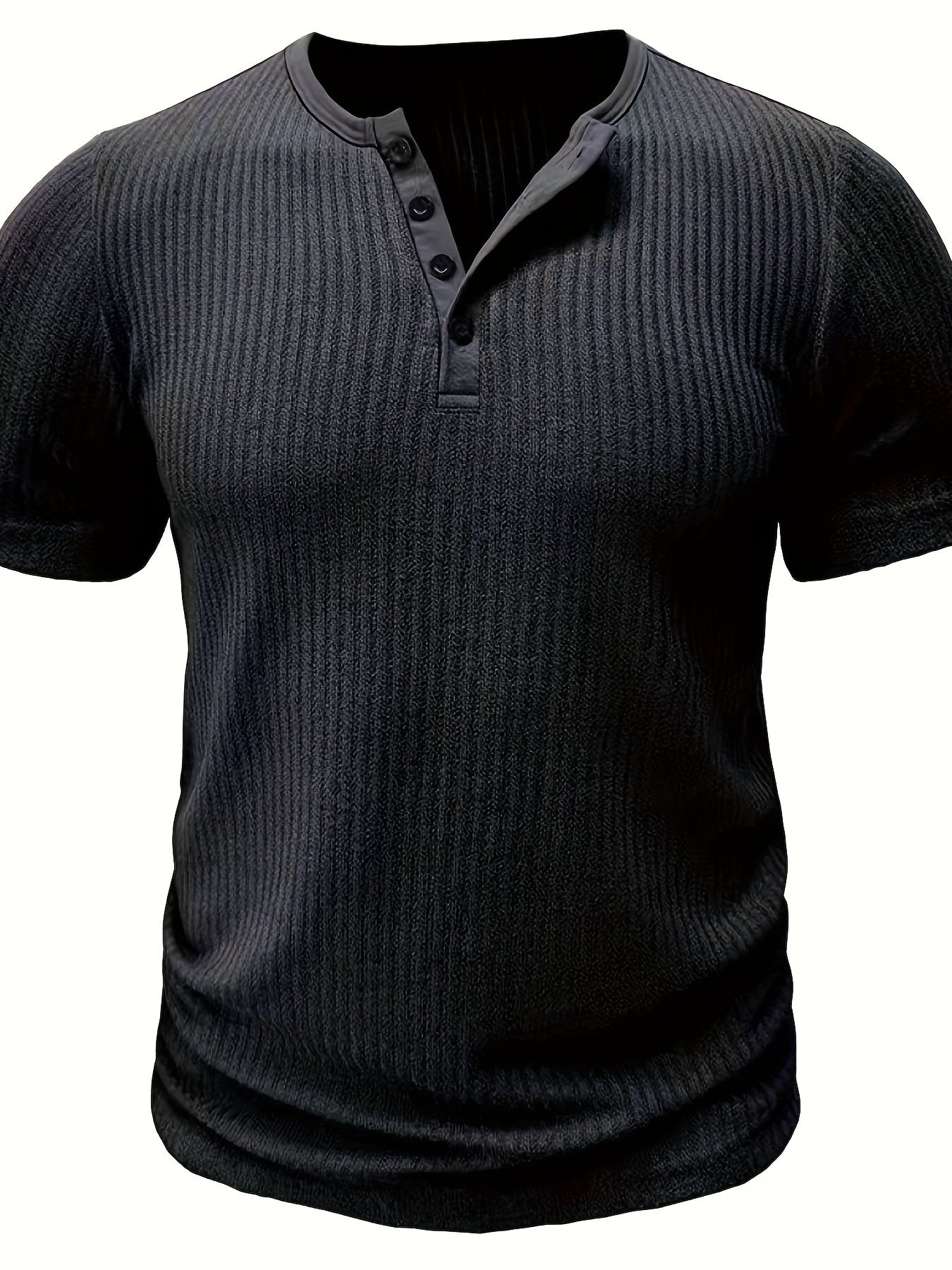 Solid stripe pattern knit short sleeve Henley shirt for men, perfect for summer leisure and outdoor activities.