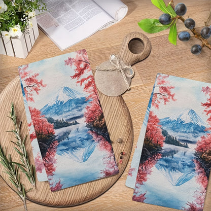 Set of 2 Ultra Plush Kitchen Towels featuring Mt. Hachiroku & Cherry Blossom Patterns, Super Absorbent Dish Towels, Easy to Clean, 40.64x60.96 cm - Perfect for Festive Home Decor