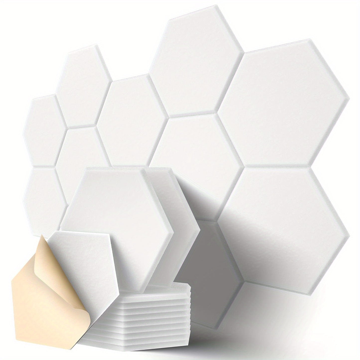 12-pack of hexagonal soundproof foam panels with self-adhesive backing, flame retardant properties, and dimensions of 30.48cm x 25.4cm x 1.02cm. Ideal for noise reduction and echo