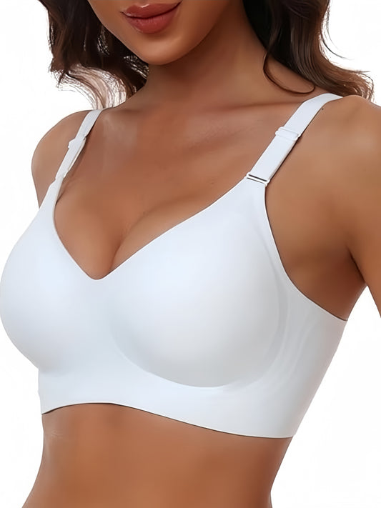 Seamless V-Neck bra with adjustable straps and wireless support, made of nylon and spandex blend. Non-see-through knit fabric with removable pads, ideal for casual wear.