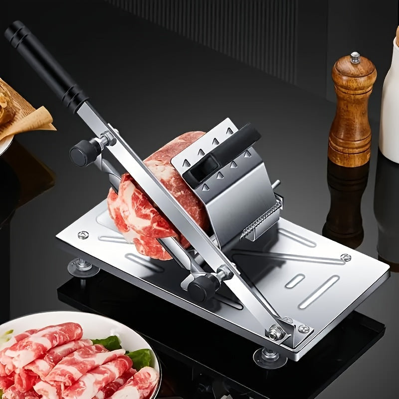 Household stainless steel manual meat slicer designed for cutting meats, cheeses, and bread, with adjustable thickness settings.