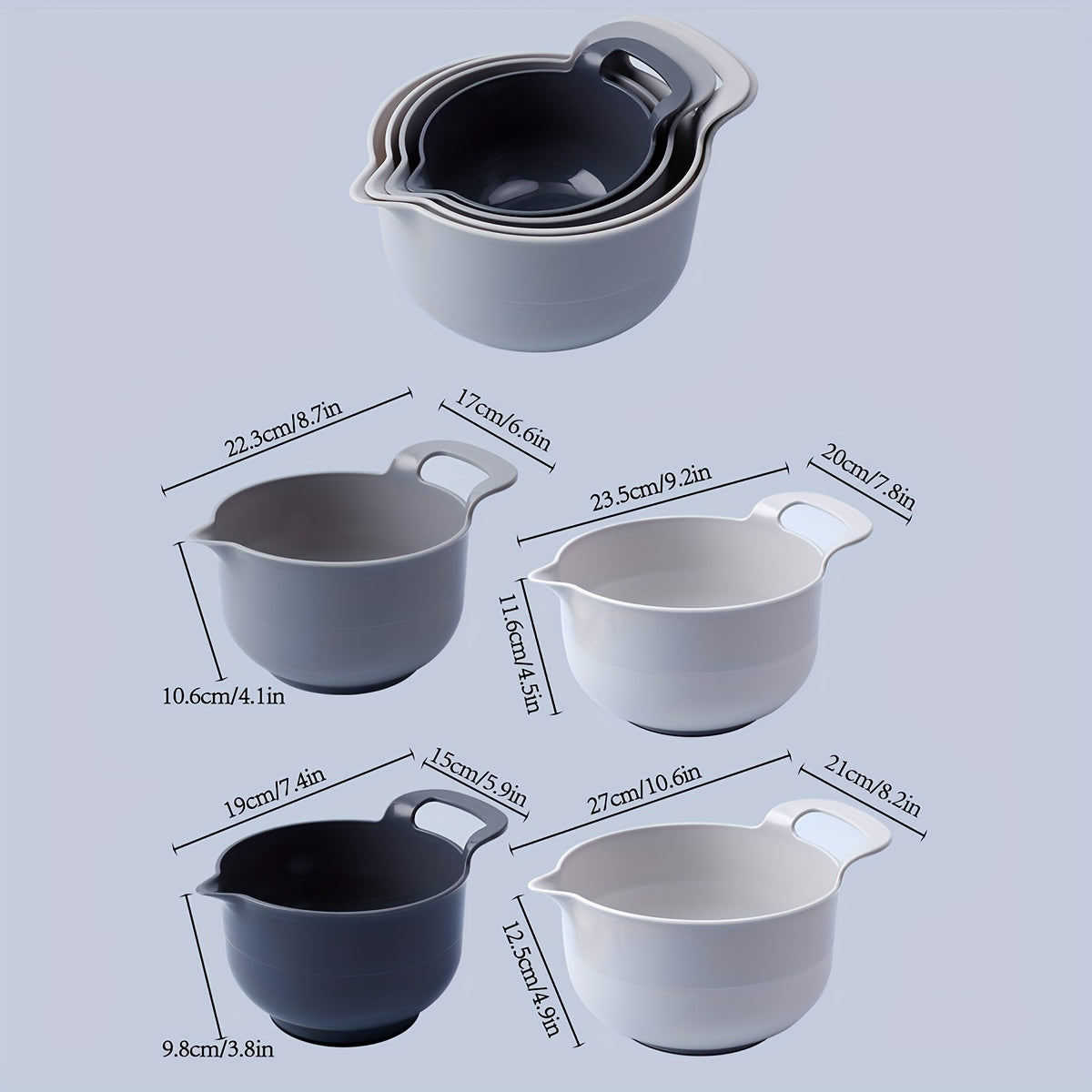 Set of 4 plastic mixing bowls with pour spouts and handles