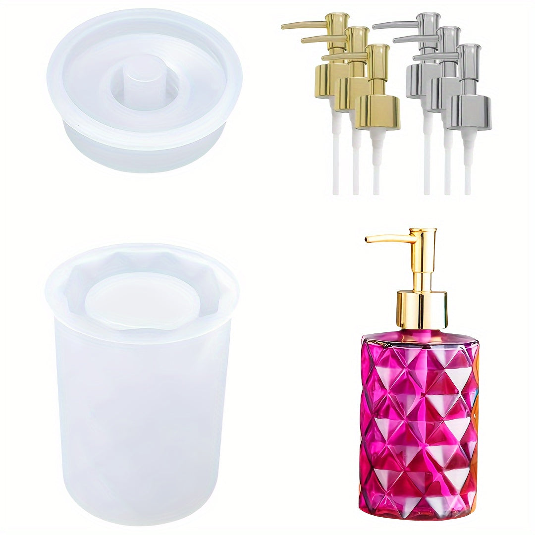 Diamond-shaped bottle resin mold kit with pump kit, includes 1 pump bottle resin mold and 6 dispenser pump silicone molds for kitchen, bathroom, or pencil holder.