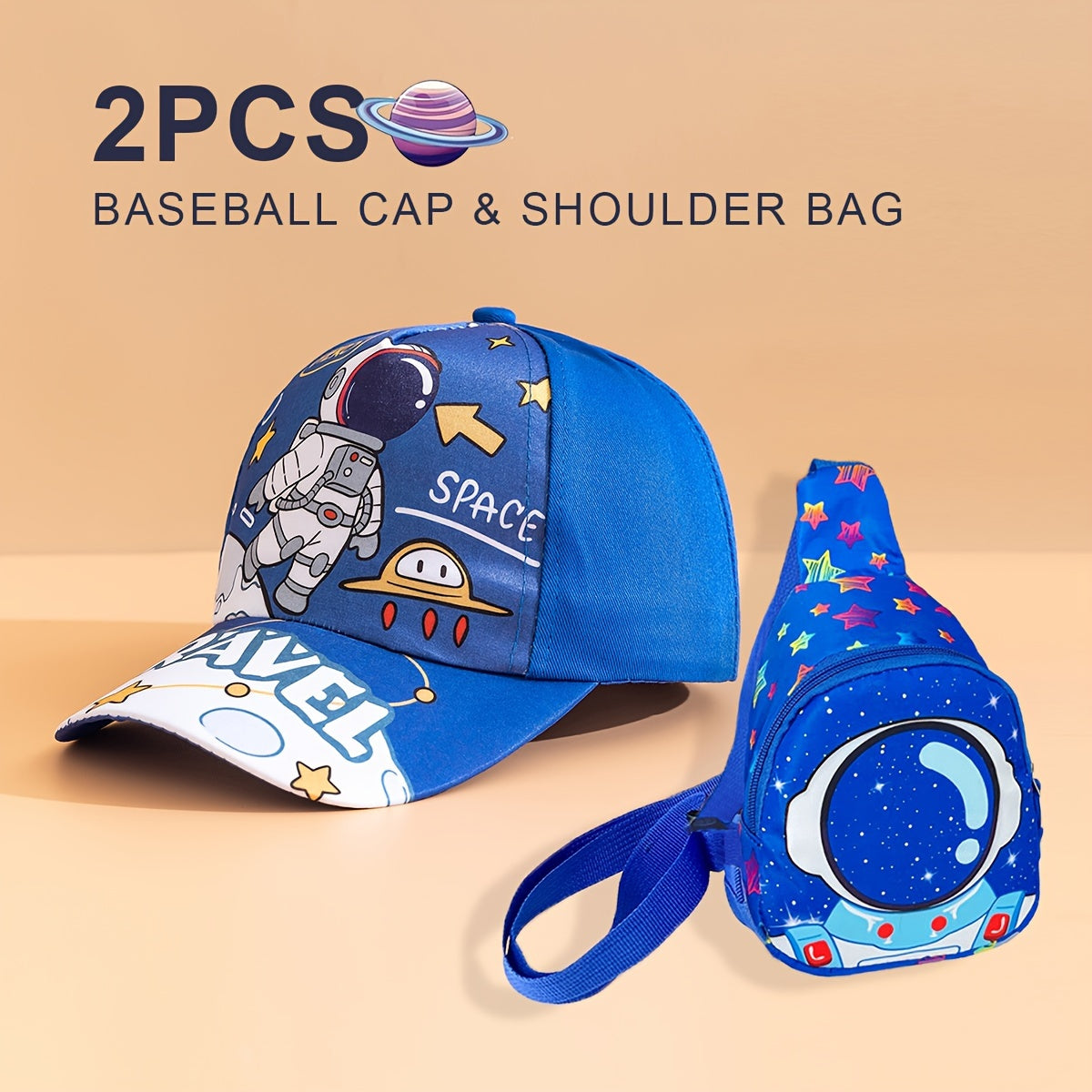 Astronaut-themed 2-piece set for boys - includes baseball cap and sling bag made of breathable polyester with star pattern. Features adjustable buckle and fits ages 3-14. Perfect for daily