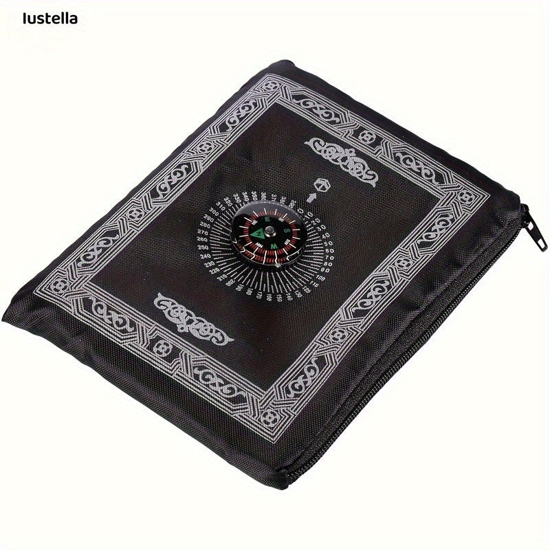 Portable, waterproof travel prayer mat for Muslims. Made of machine washable polyester, this worship mat includes a built-in compass and measures 59.94cm x 100.08cm. Available in black or green, making it the perfect Ramadan gift.