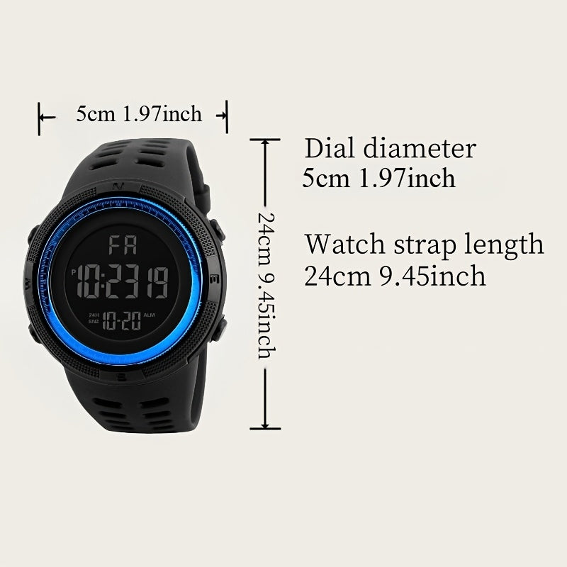 Unisex sports digital watch with large backlit display, silicone strap, date and week display, multi-function electronic movement, battery powered, plastic case - perfect birthday gift.