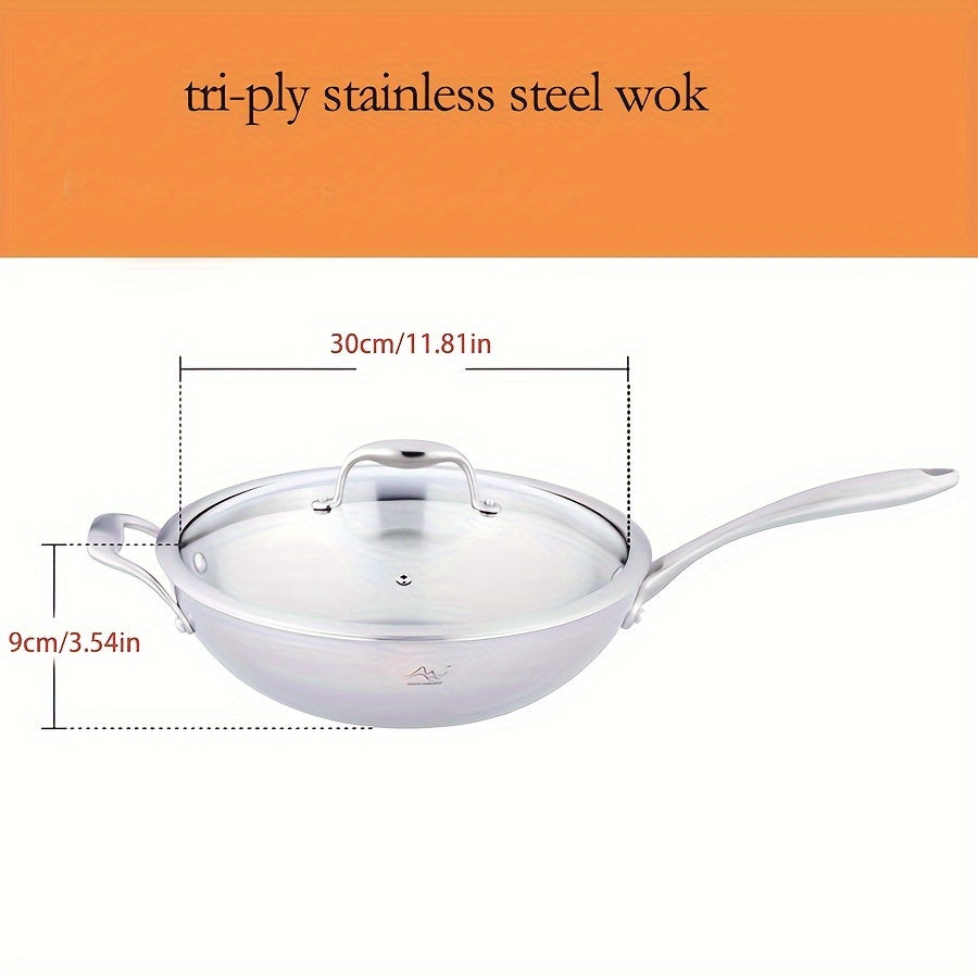 Upgrade your kitchenware with the top-quality Premium Tri-Ply Stainless Steel Wok featuring a convenient Glass Lid. This versatile fry pan is suitable for gas and induction cooking, making it a perfect addition to any home kitchen, especially during the