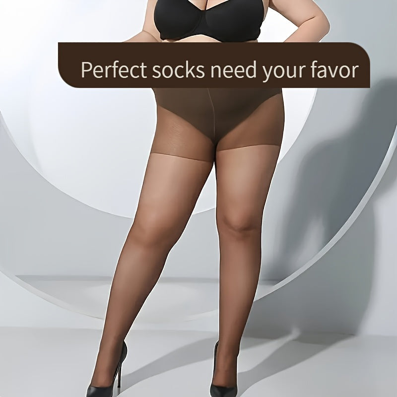 High-waist plus size pantyhose made of 89% nylon and 11% spandex. Knit fabric in solid color, thin and sheer. Anti-snag and hand washable. Fits sizes 0XL to 2XL.