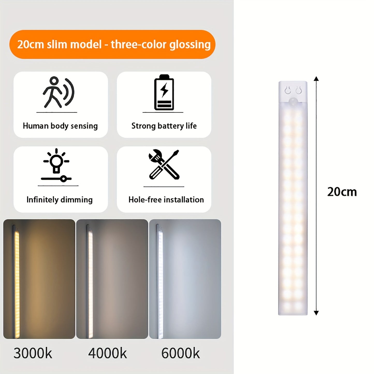 Ultra-thin LED light strip with human body sensing, multi-mode switching, wall-mounted design, and rechargeable lithium battery. Ideal for kitchen, wardrobe, bedroom, wine cabinet.