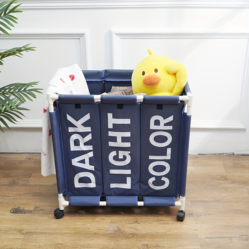 Mobile laundry basket with 1 grid, large hamper bin on wheels with 3 compartments. Waterproof bags for organizing and storing dirty clothes in the home. Great for home organization.