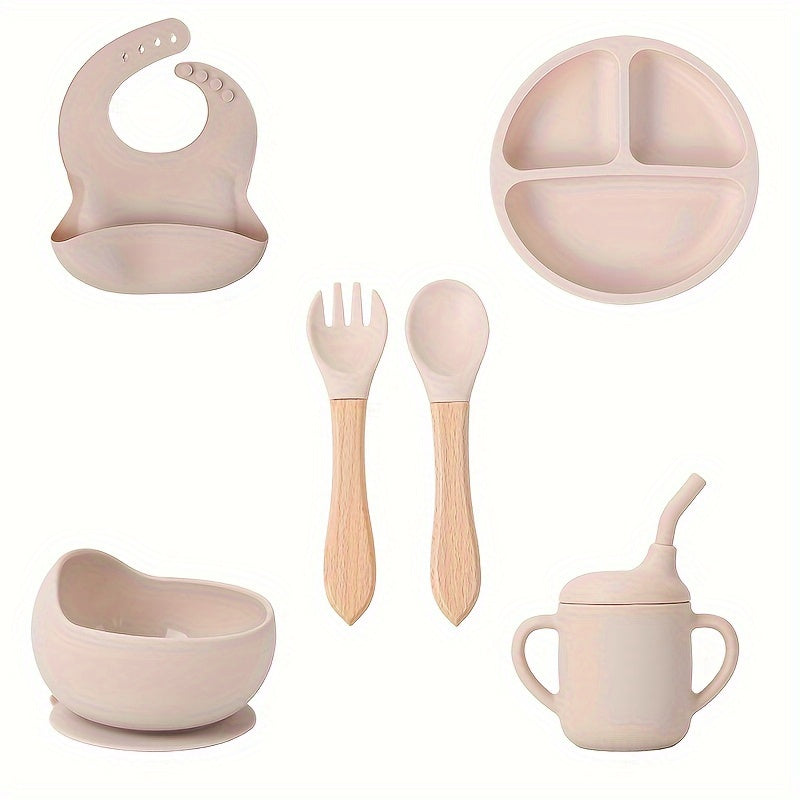 Set of 6 Silicone Feeding Items, Including Suction Bowl, Divided Plate, Self-Feeding Dish, Spoon, Fork, Sippy Cup, Adjustable Bib, and Eating Utensils for Led Weaning.