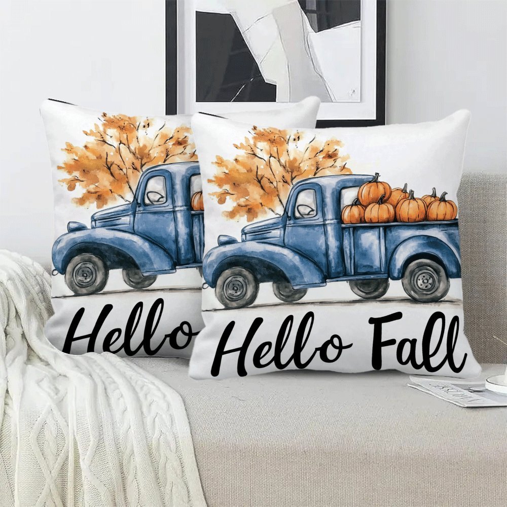 Set of 2 contemporary flannel pillow covers, measuring 45.72x45.72 cm each. These machine washable cushion cases feature a zippered closure and a charming fall pumpkin truck design. Perfect for all seasons, these pillowcases are ideal for back sleepers