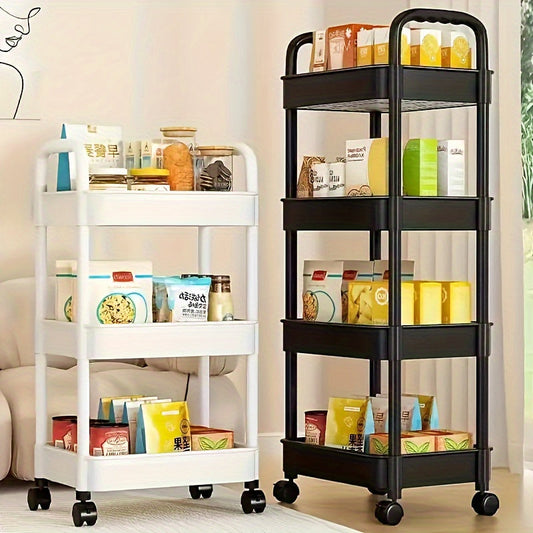 Versatile Mobile Utility Cart Organizer with Multi-Tier Storage, Sturdy Plastic Material, 360 Degree Swivel Wheels, Ideal for Various Rooms - Available in Black or White. Perfect for Living Room, Bathroom, Bedroom, Kitchen. Convenient and Durable Rolling