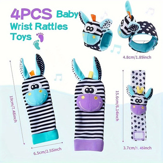 Set of 2 or 4 Baby Toys: Adorable Animal Wrist Rattle and Foot Find Socks for Babies 0-12 Months - Perfect Newborn, Birthday, or Christmas Gift for Baby Boys and Girls