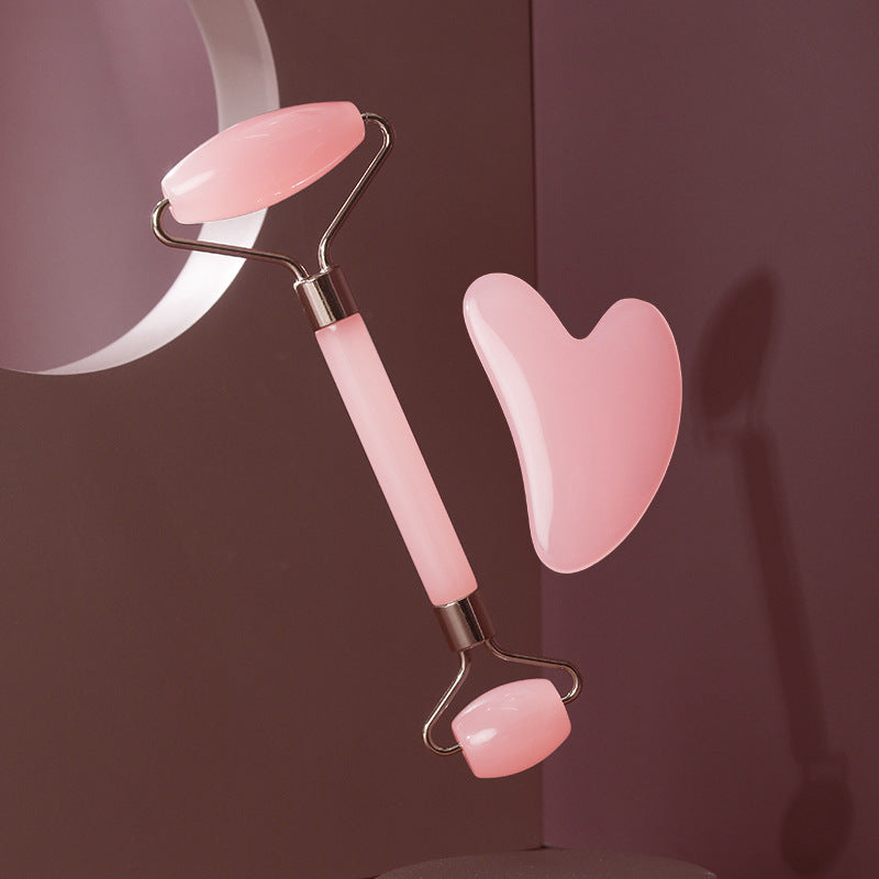 Set of 2 Rose Quartz Facial Rollers with Heart-Shaped Gua Sha Sticks for Manual Face & Eye Massage, No Battery Required