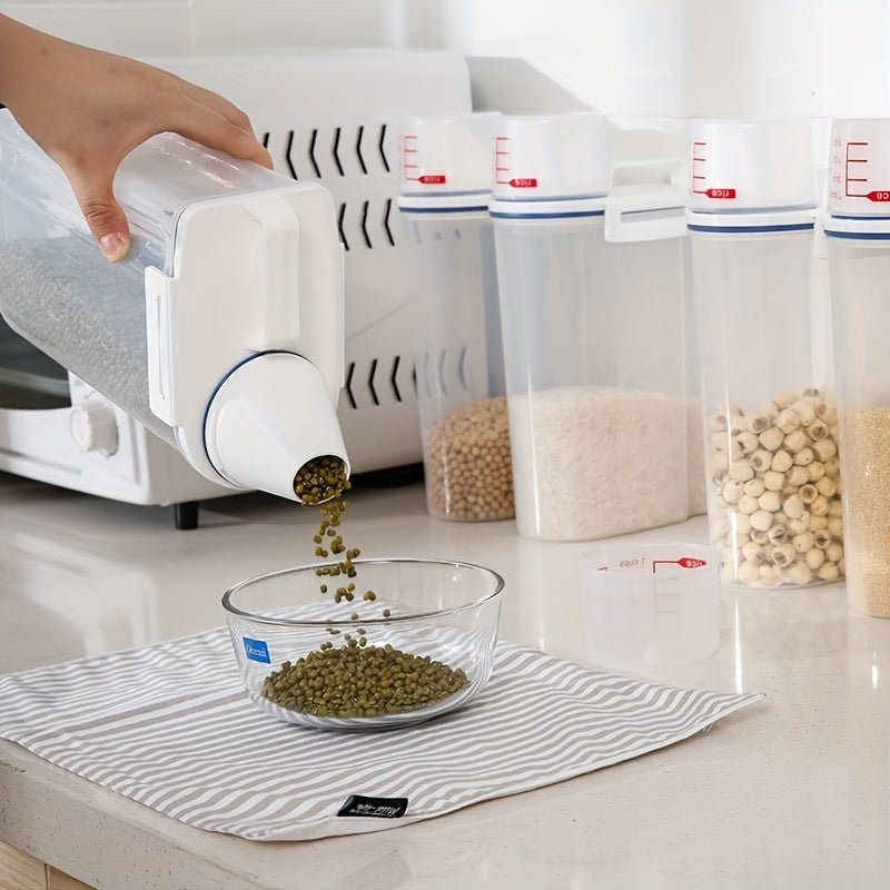 Large capacity cereal storage container with measuring cup, designed for storing rice, cereals, grains, flours, dog food, and pet food. This moisture-proof and insect-proof sealed storage container is perfect for keeping your food fresh. Use as a