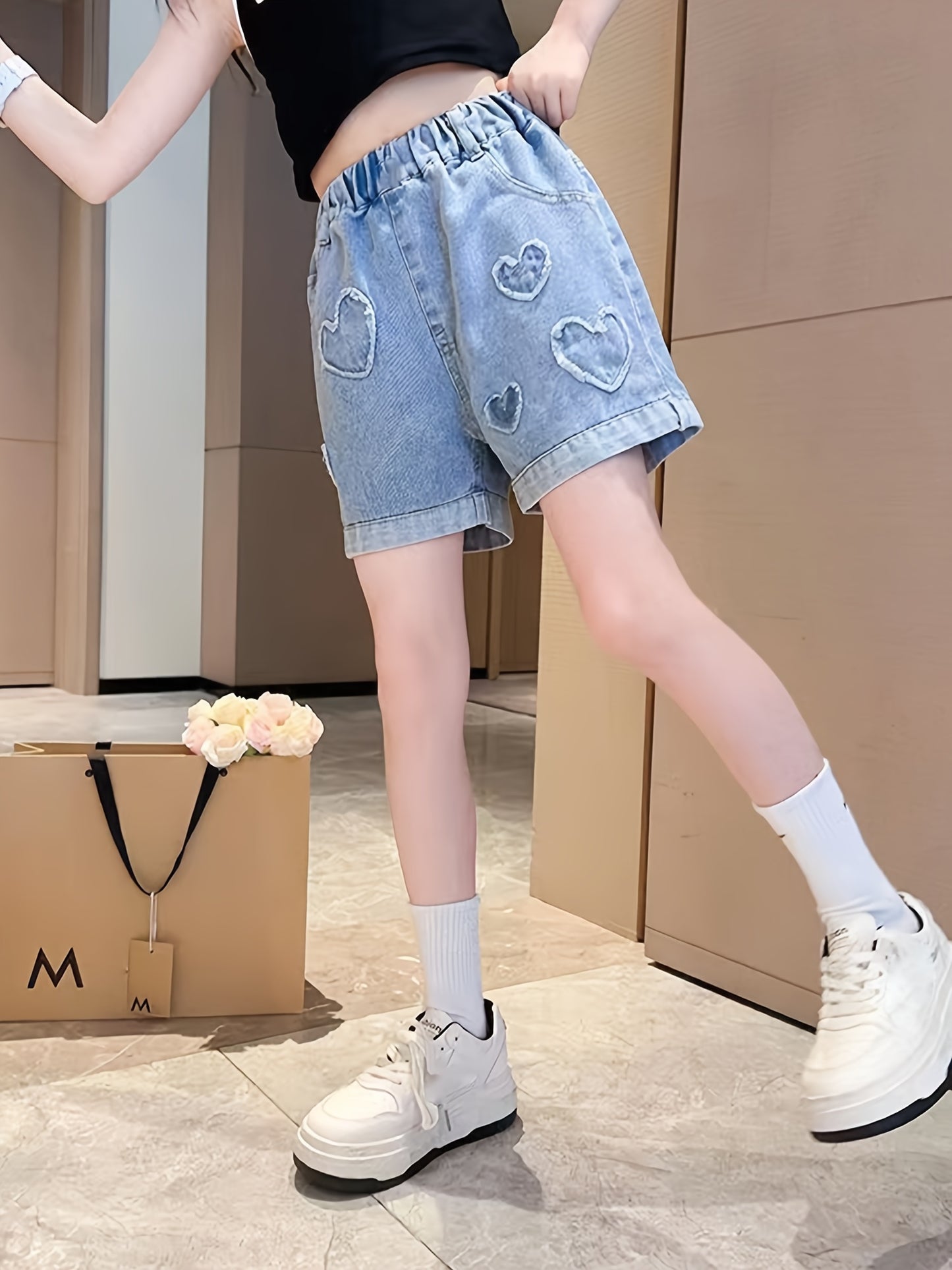 Girls Pull-on Jean Shorts with Heart Patches