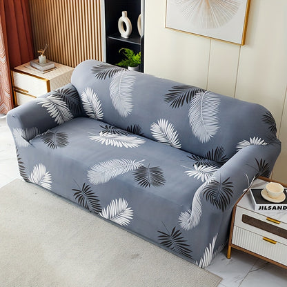 Modern printed sofa slipcover with elastic closure, made of 95% polyester and 5% spandex. Machine washable with active printing and stitched craftsmanship. Fits armchairs to sectional sofas, weighing 100-120gsm fabric.