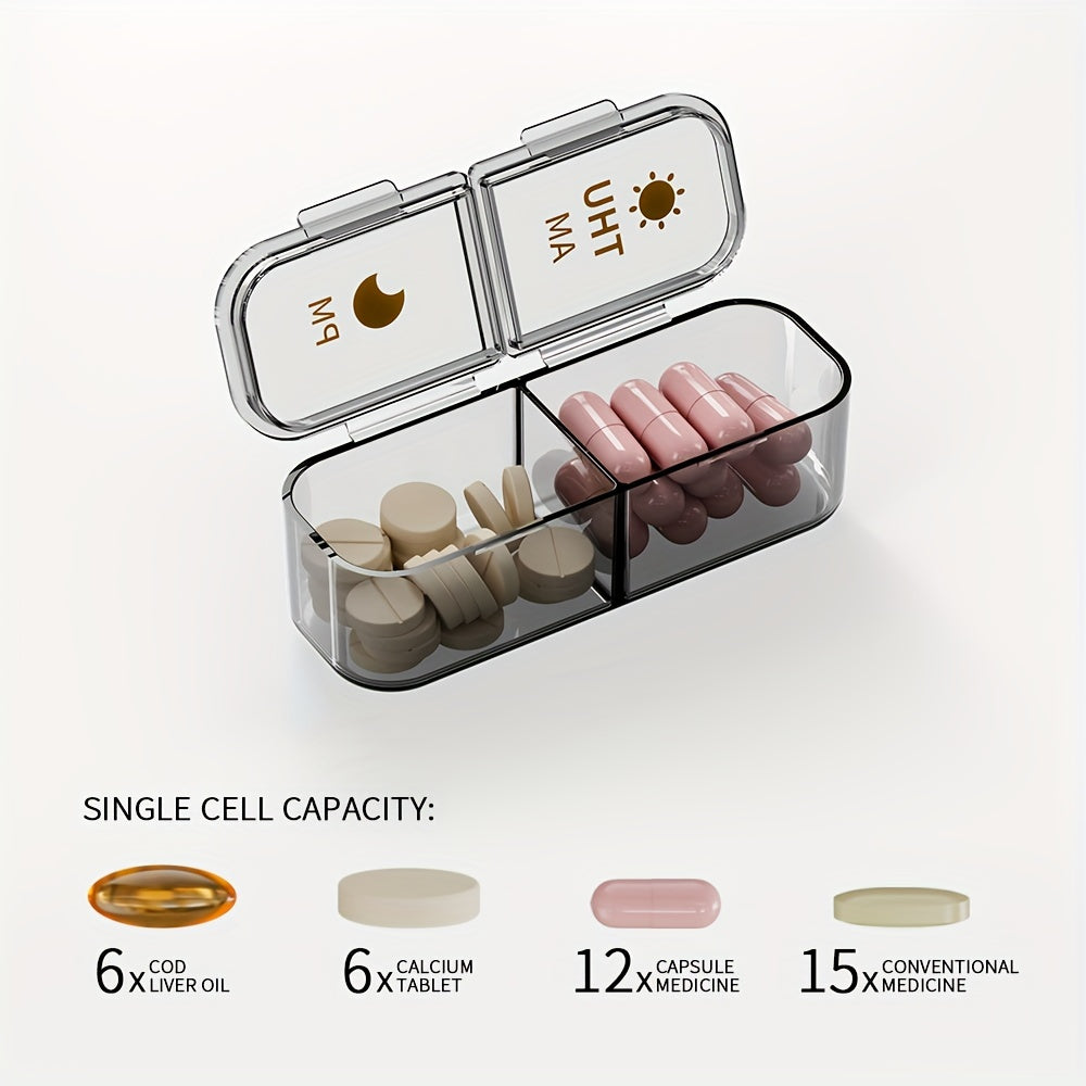 Weekly pill organizer with 14 compartments, modern design, strong plastic case with polypropylene backing