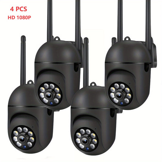 4-piece system of 1080P HD security dome cameras with PTZ, full color night vision, motion & audio alert, 2-way audio, Alexa compatibility, and USB power, for home security.