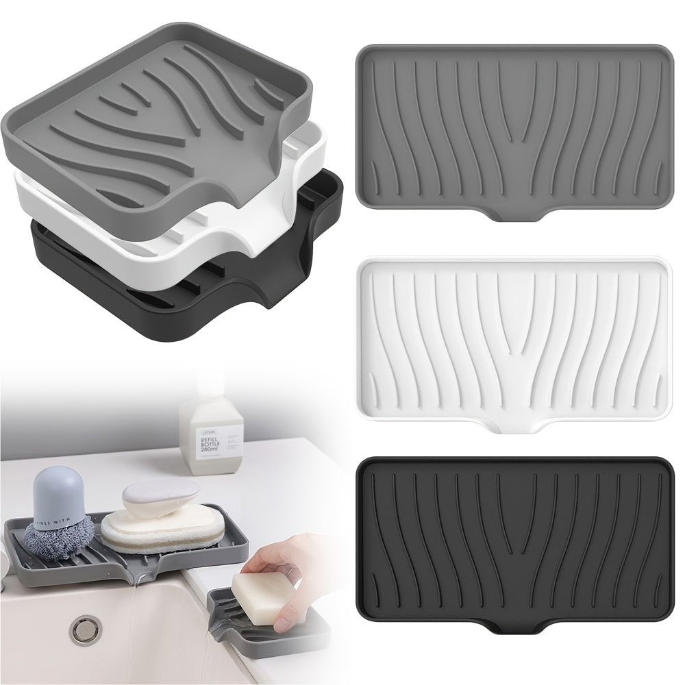 Silicone soap dish with self-draining design for countertop or sink storage in bathroom.