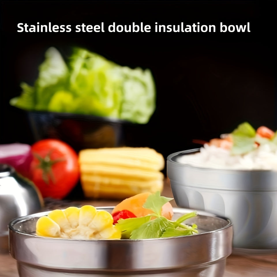 5 stainless steel bowls with double-layered heat insulation, suitable for serving salads, noodles, soups, desserts, and ice cream. Dishwasher safe and suitable for kitchen utensils and tableware.