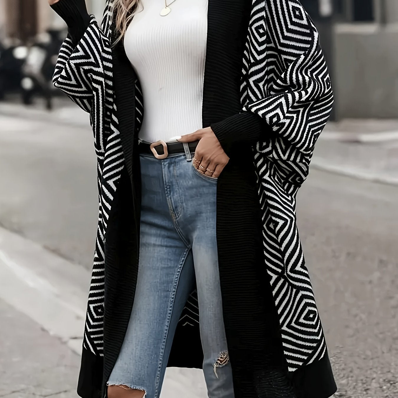 Geometric Print Cardigan for Plus Size Women, Open Front Outwear with Long Sleeves