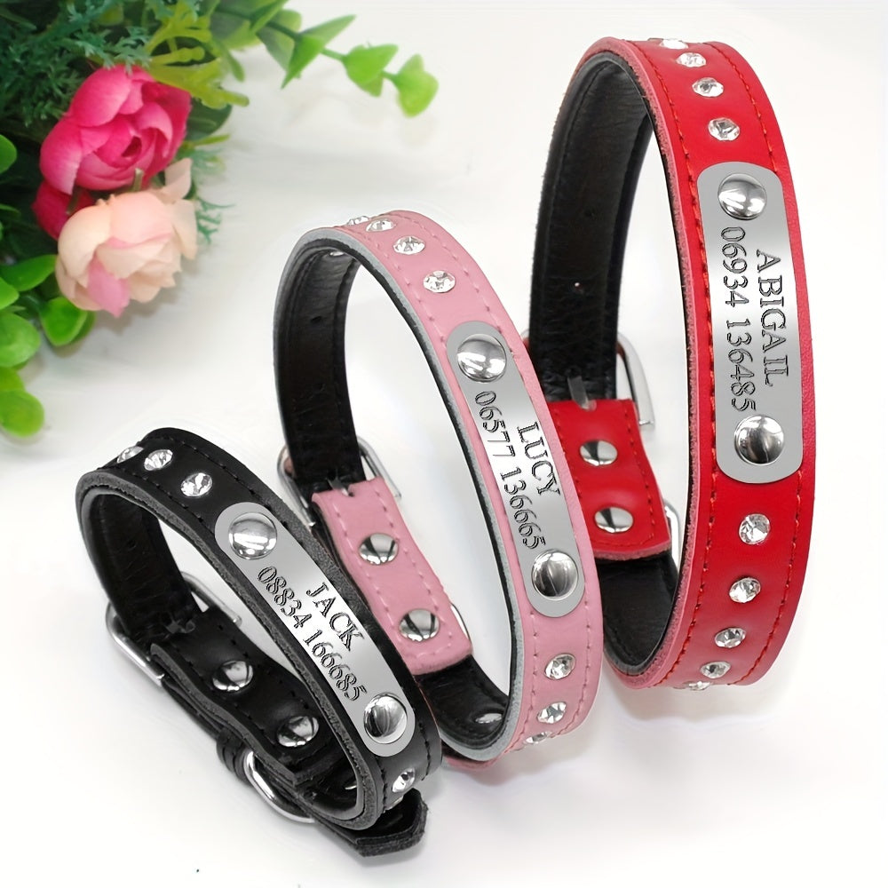 Custom leather pet collar with nameplate, adjustable for small dogs and kittens, free engraving, durable.