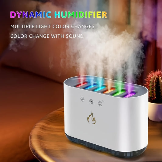 Dynamic music humidifier with sound-reactive color changing lights, touch control, USB-C charging, 900ml tank, LED light, ideal for home and office decor.