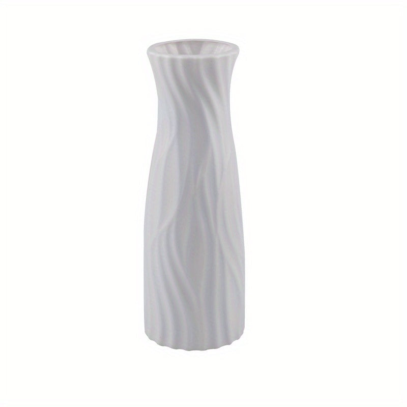 Plastic vase with ceramic look for home or office decor.