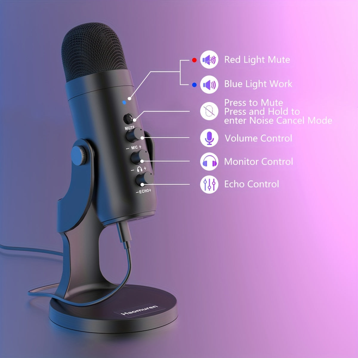 USB condenser microphone with volume and gain control, clear sound for podcasting, gaming, and streaming. Compatible with PS4/5, Mac, and Windows. Includes cable, windscreen, stand, and