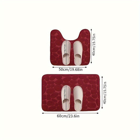 Two pieces of ultra-soft bath mats with stone embossing, 25D thick sponge material. Non-slip and highly absorbent, suitable for use in the shower, kitchen, laundry room, and as bedroom decor.