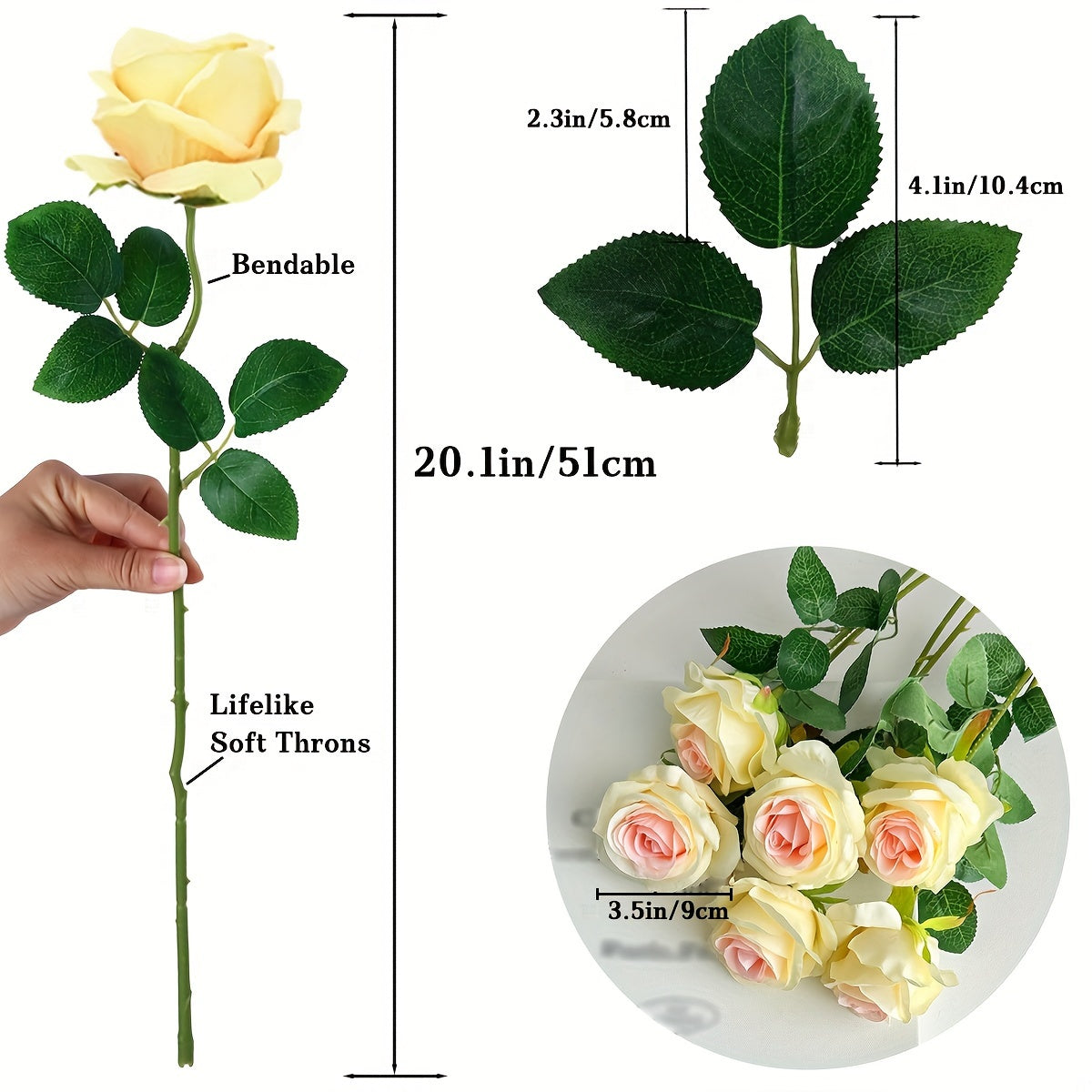 Roses: 10 Decorative Faux Roses with Soft Thron Stems, 51.05cm, Ideal for Wedding Decoration and Home Décor