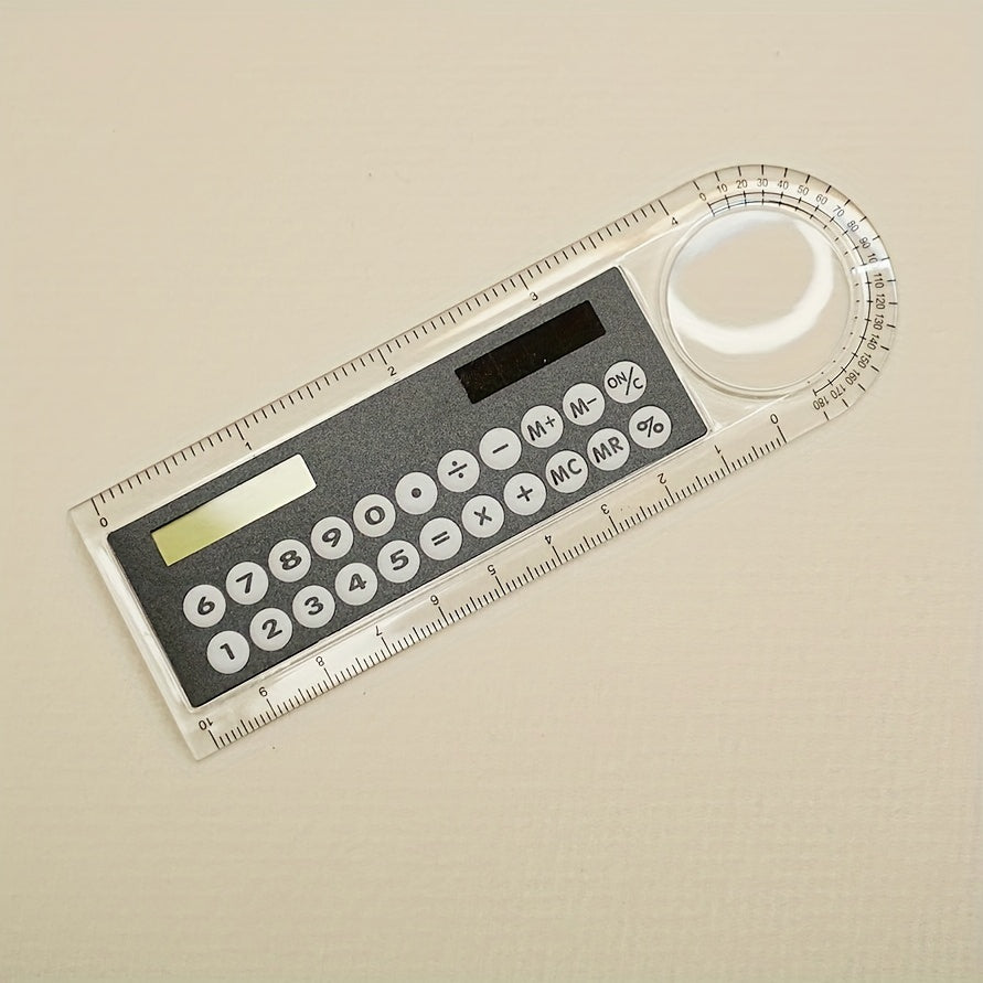 Mini Ultra-Thin Solar Calculator Ruler with Magnifying Glass - 10cm School/Office Supplies